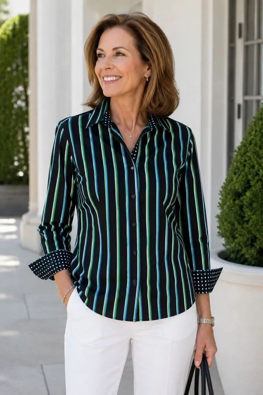 Foxcroft Wrinkle Free Shaped Fit Stripe Button Front Shirt Top 10P Petite Flip C